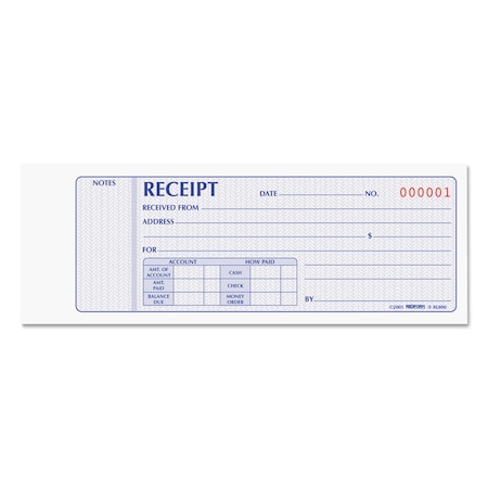 REDIFORM Receipt Book, 7x2 3/4, Carbonless Dupl 8L800